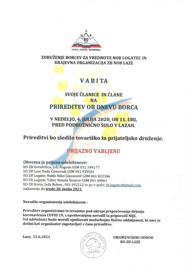 Vabilo DAN BORCA 4.julij 2021