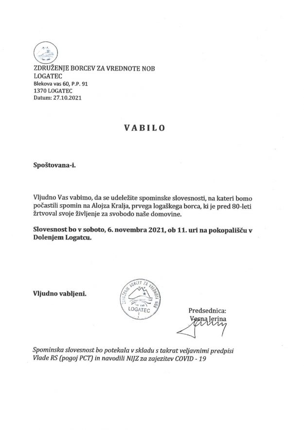 Vabilo na spminsko slovesnost za Alojza Kralja 6.11.2021