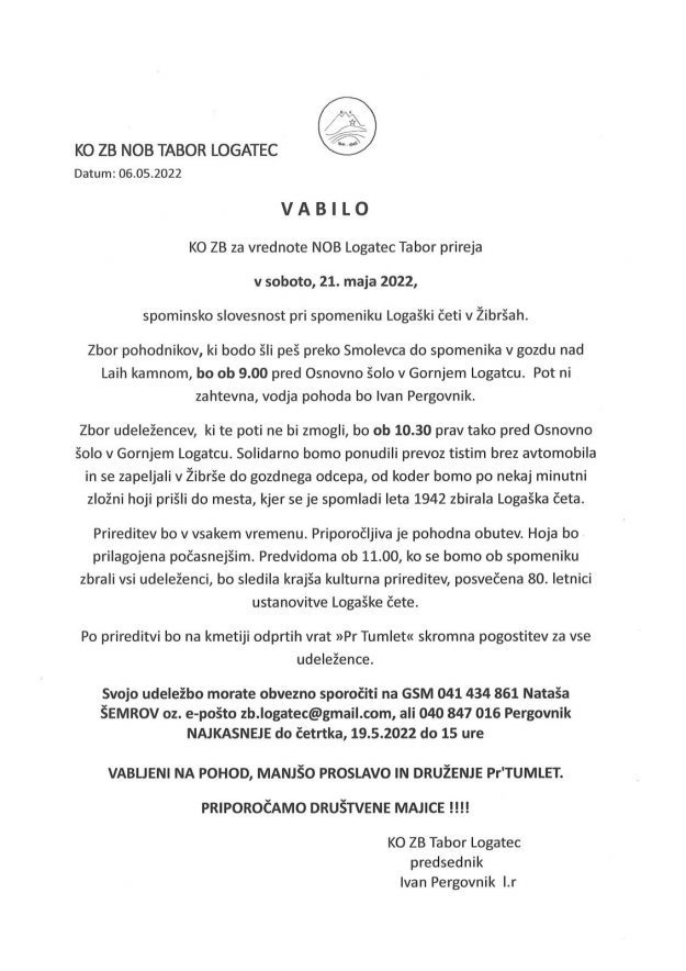 Vabilo Pohod Logaški četi 21.5.2022