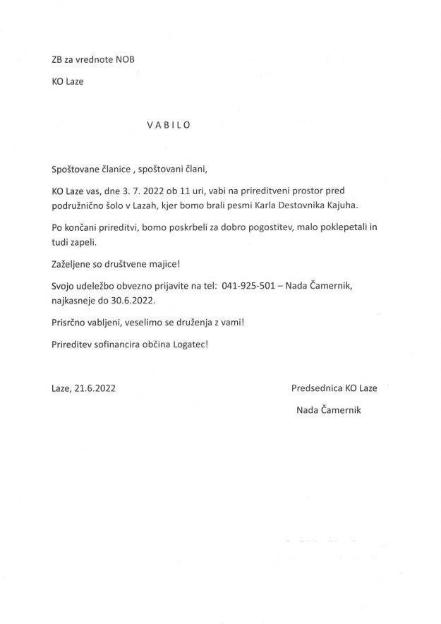 Vabilo NOB Laze 2022