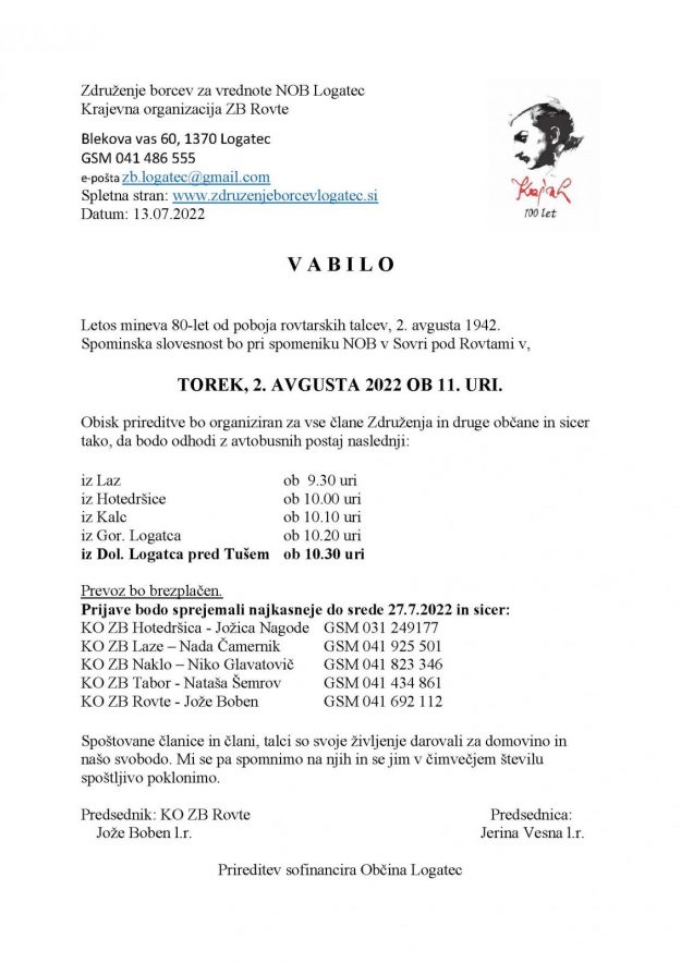 Vabilo člani, 2.8.2022 v Sovri