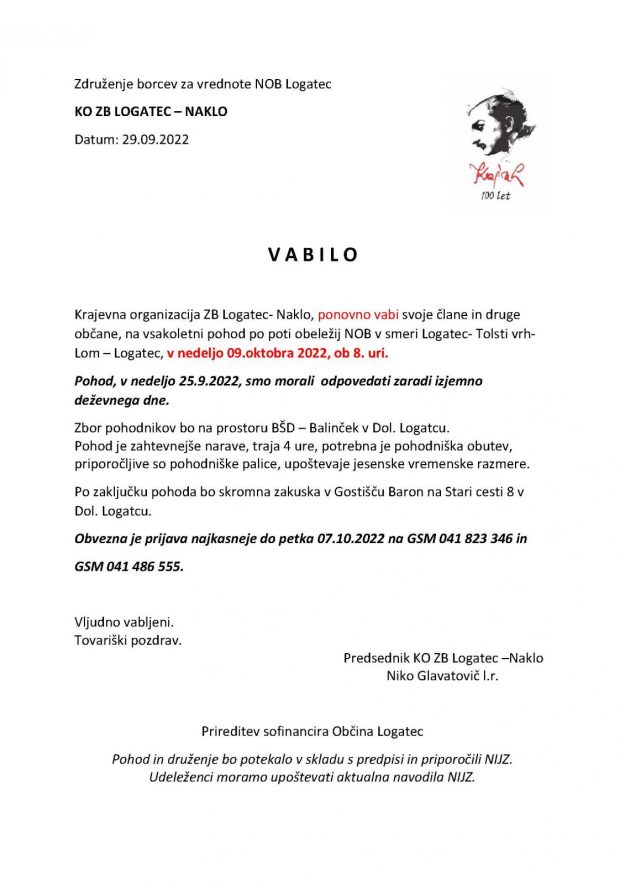 Pohod 09.10. 2022 KO ZB Logatec-Naklo-drugič