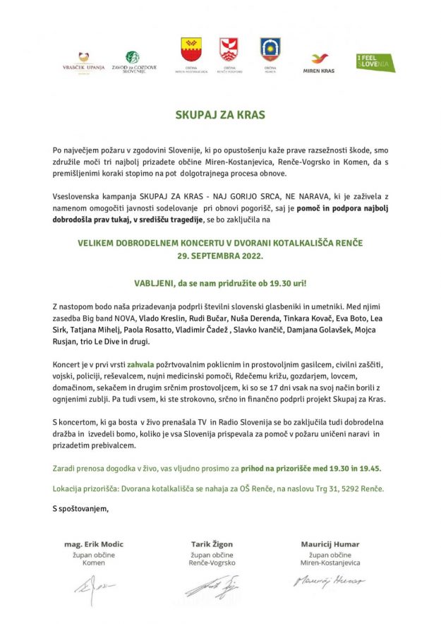 Vabilo na dobrodelni koncert SKUPAJ ZA KRAS, 29.9.2022