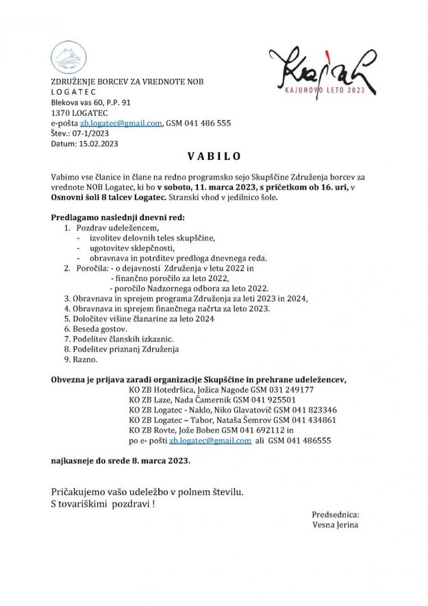 Vabilo za člane za Skupščino 11.3.2023