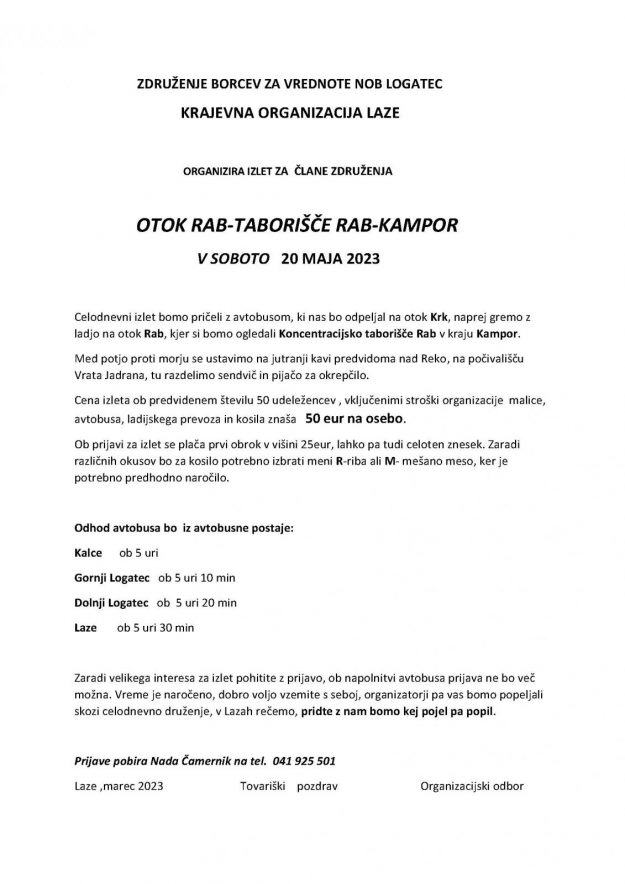 VABILO IZLET OTOK RAB 20.5.2023