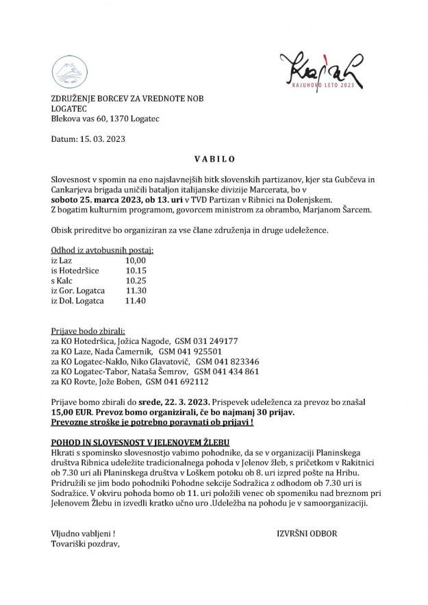 Vabilo – 80-let bitke pri Jelenovem Žlebu Ribnica 25.3