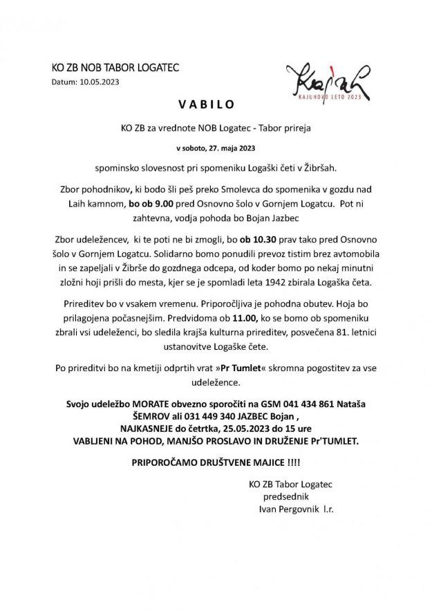 Vabilo Pohod Logaški četi 27.05.2023