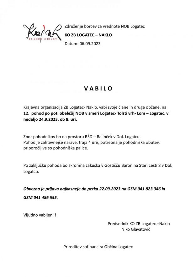 Pohod 24.9.2023 KO ZB Logatec-Naklo
