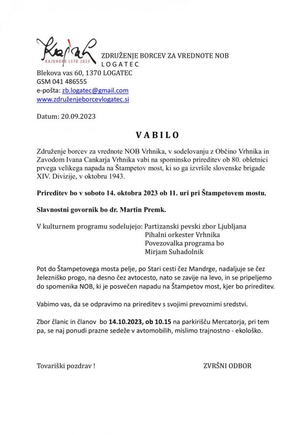 VABILO na prireditev ob 80 obletnici prvega velikega partizanskega napada na Štampetov most