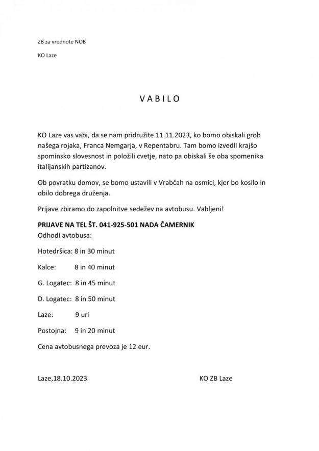 KO ZB Laze Vabilo za obisk Repentabora 11.11.2023