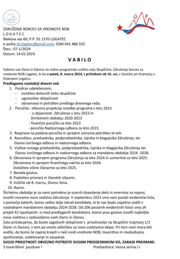 Vabilo Skupščina za člane 2024