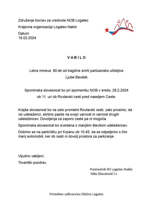 Vabilo na spominsko slovesnost ob 80. obletnici tragične smrti partizanske učiteljice Ljube Bavdek
