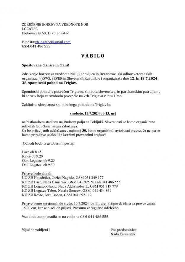 Vabilo pohod na Triglav