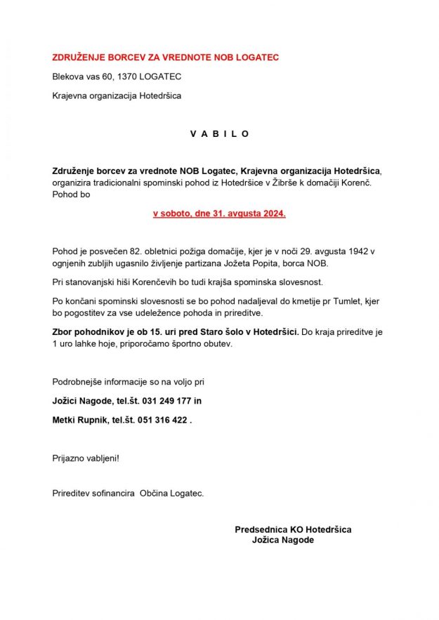 VABILO POHOD 31.8.2024