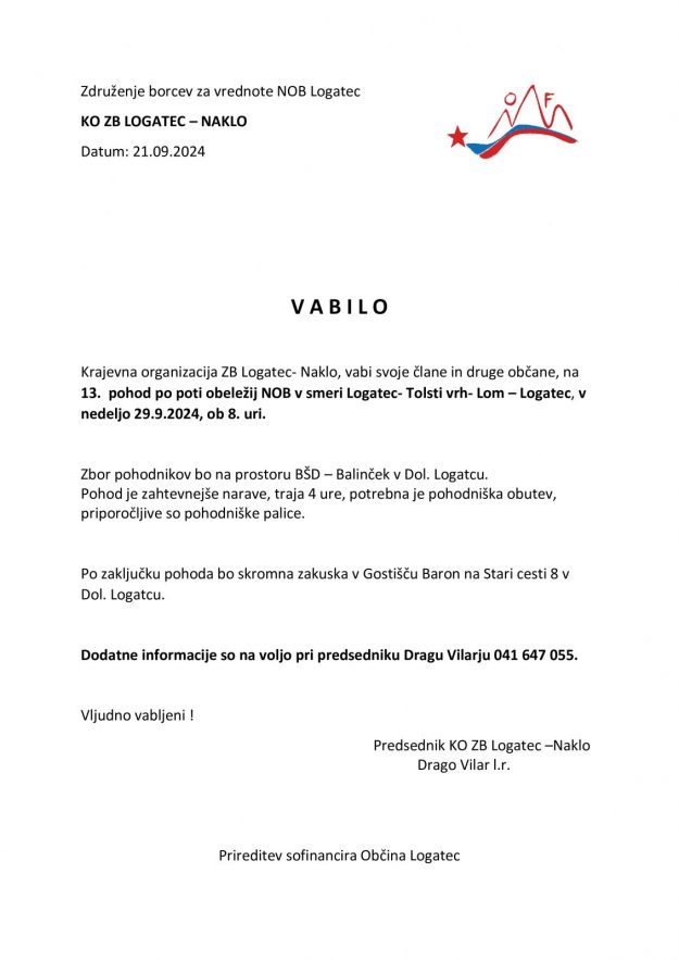 Pohod 29.9.2024 KO ZB Logatec-Naklo